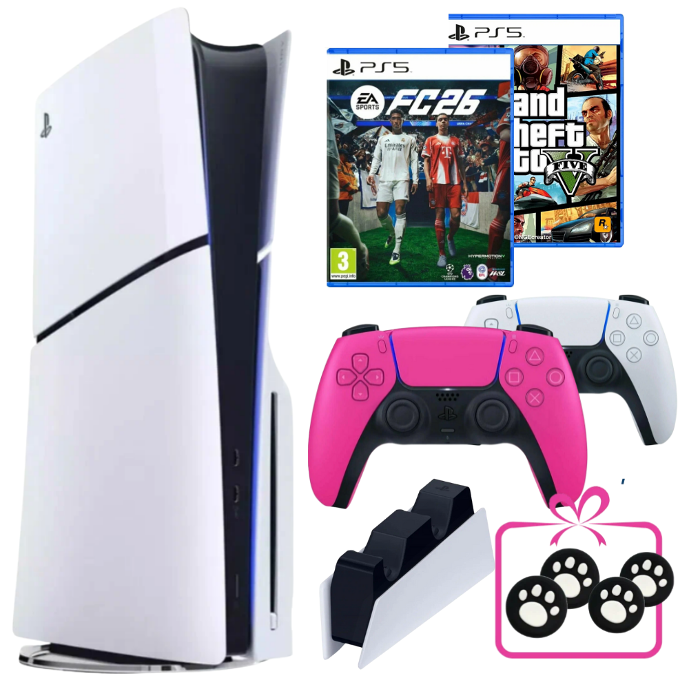 Игровая приставка PS5 Slim с дисководом, второй геймпад розовый, FIFA 26 (новинка), GTA 5, зарядная станция