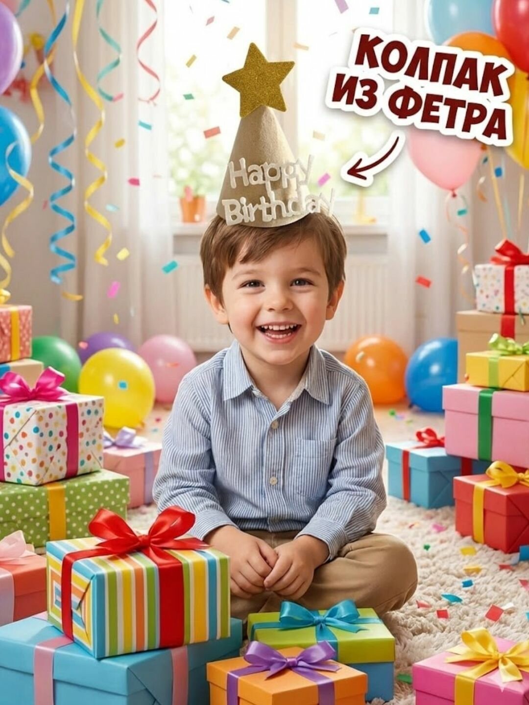 Набор праздничных колпаков "С Днем Рождения", фетр, 13x13x18 см