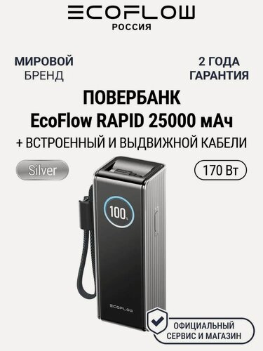 Изображение товара Повербанк EcoFlow RAPID 25k (25 000 мАч, 170 Вт, со встроенным и выдвижным кабелями 100 Вт) silver