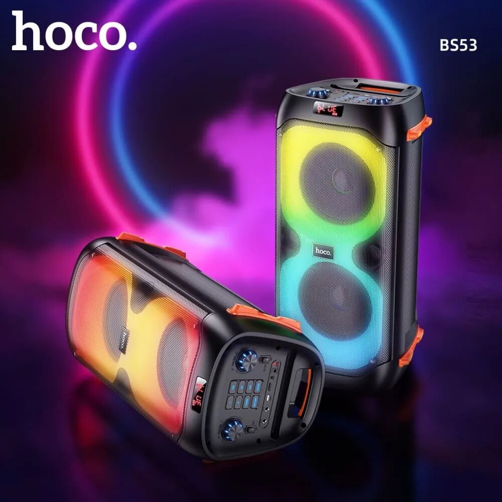 Портативная Bluetooth-колонка Hoco BS53 Manhattan 40 Вт с двумя беспроводными микрофонами, FM/USB/TF/AUX, RGB-подсветка