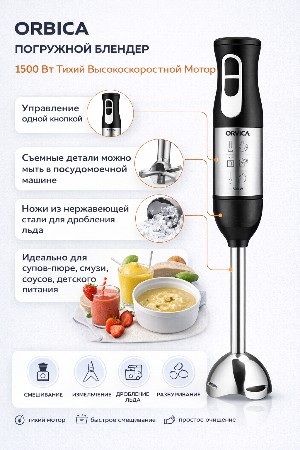 Погружной блендер ORVICA ORM-3606, 1500 Вт, нержавеющая сталь