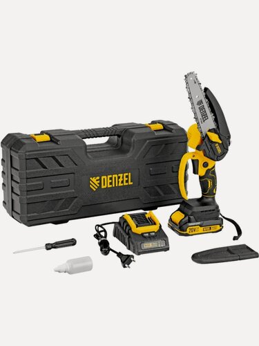 Изображение товара Цепная мини-пила аккумуляторная Denzel CCS-150, шина 150 мм, Li-Ion, 20 В, желтая/черная