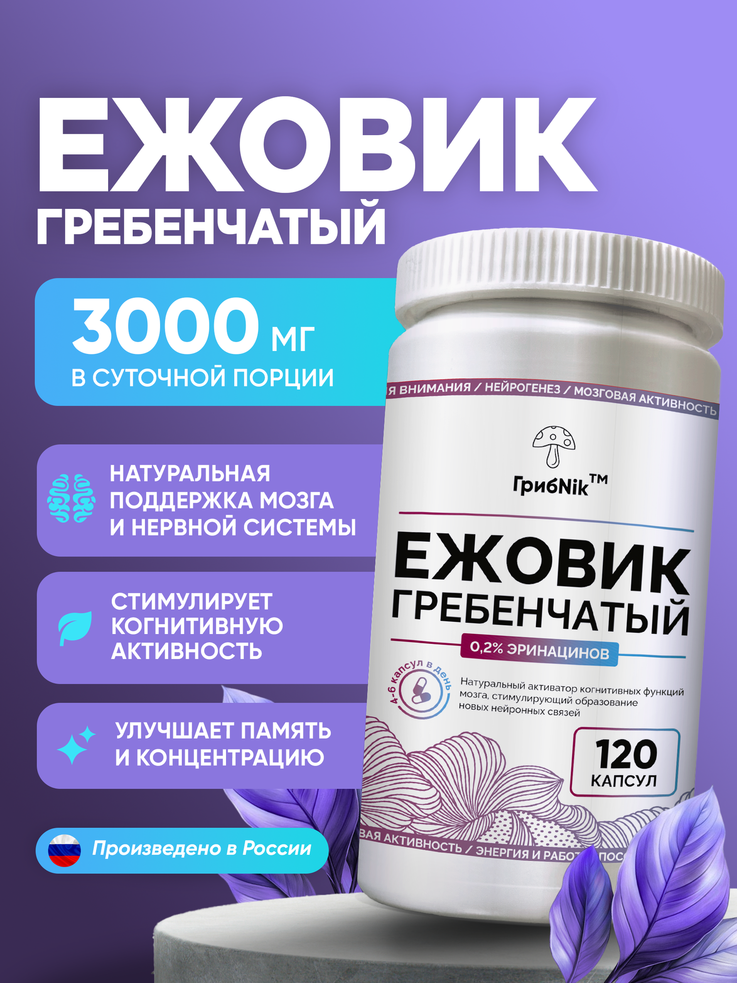 Ежовик гребенчатый, Мицелий ежовика, для иммунитета и нервной системы, 3000мг, 120 капсул от ГрибNik