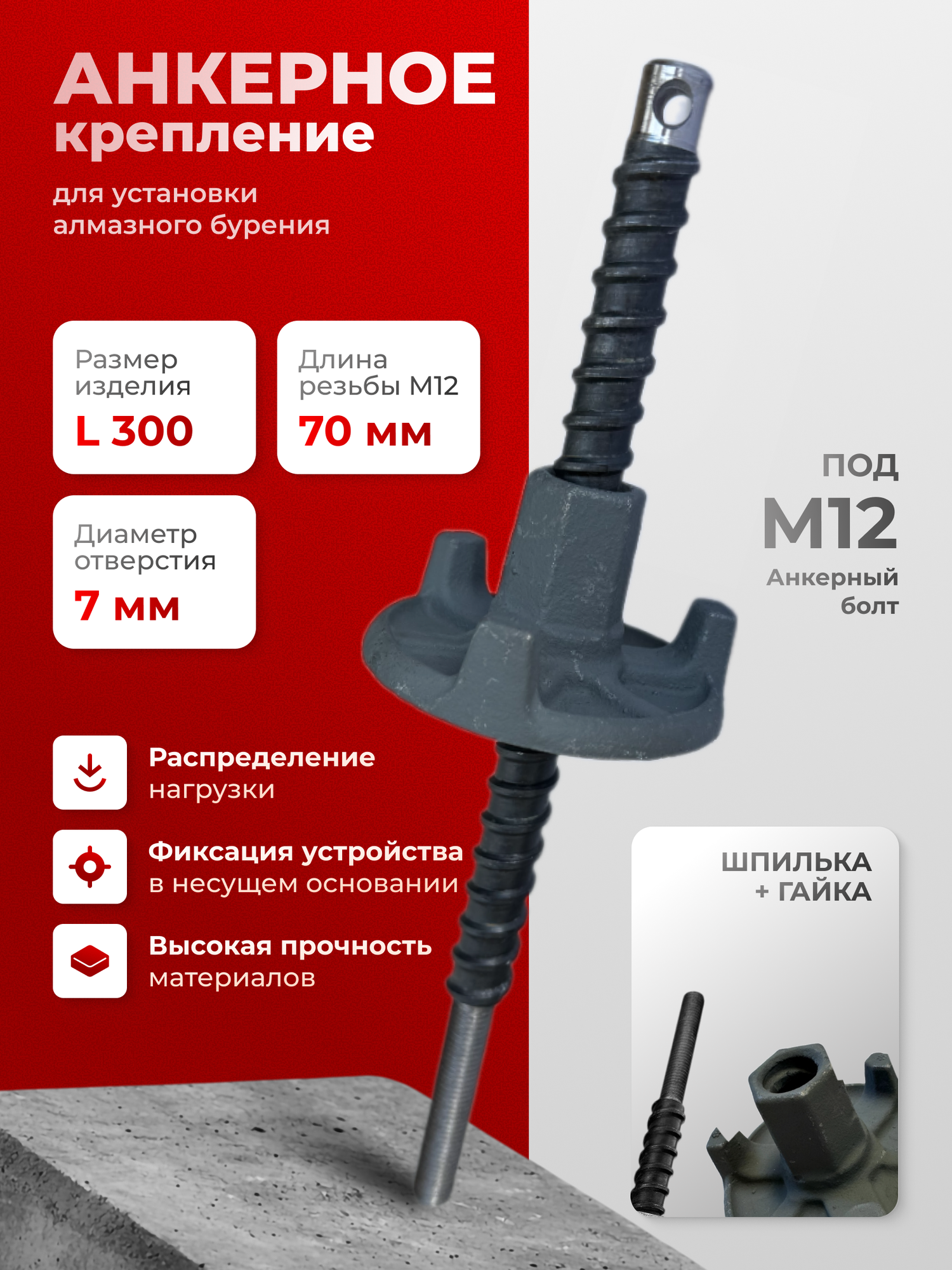 Анкерное крепление установки алмазного бурения М12  шпилька L300 мм   гайка стальная литая  оснастка для станка