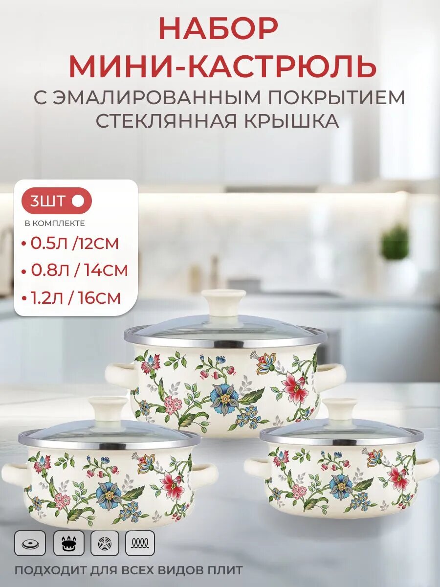 Набор эмалированных мини-кастрюль Zeidan 3 кастрюли с крышками эмаль
