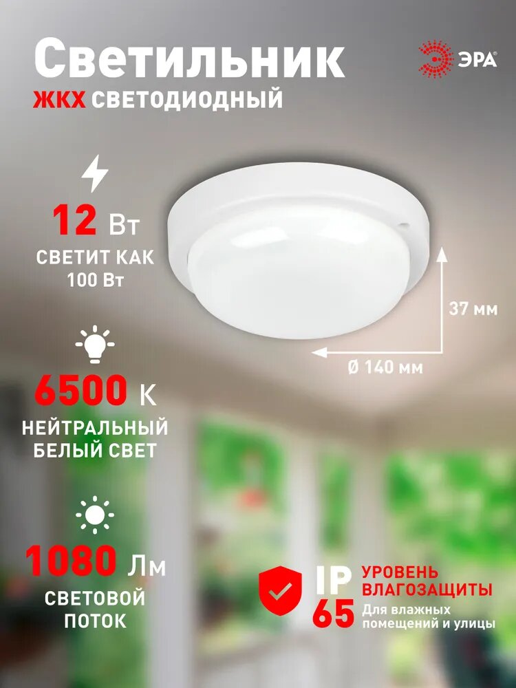 Светильник ЖКХ светодиодный ЭРА SPB-211-0-65K-012 12Вт 1080Лм 6500К IP65 140х37мм круг