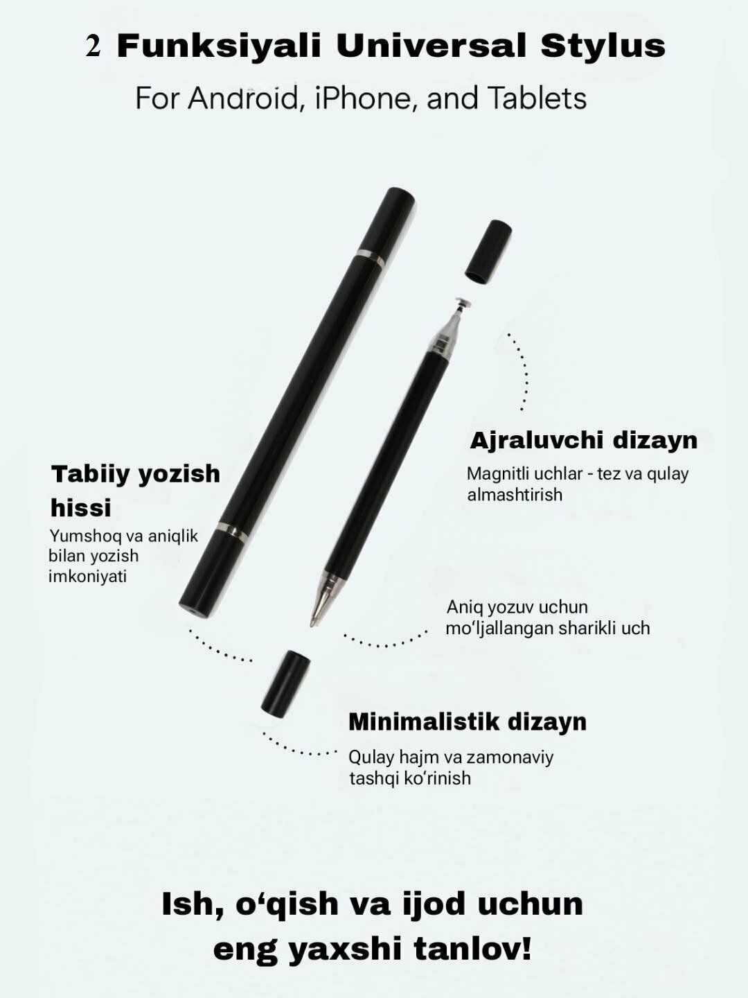 Универсальный стилус с 2 функциями – для Android, iPhone и планшетов, черный