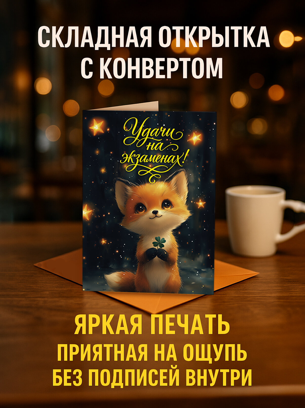 "Удачи на экзаменах, лисёнок", яркая складная открытка "с днём рождения" с крафтовым конвертом, дизайнерская бумага, 10x15 см, подарочная без надписей внутри