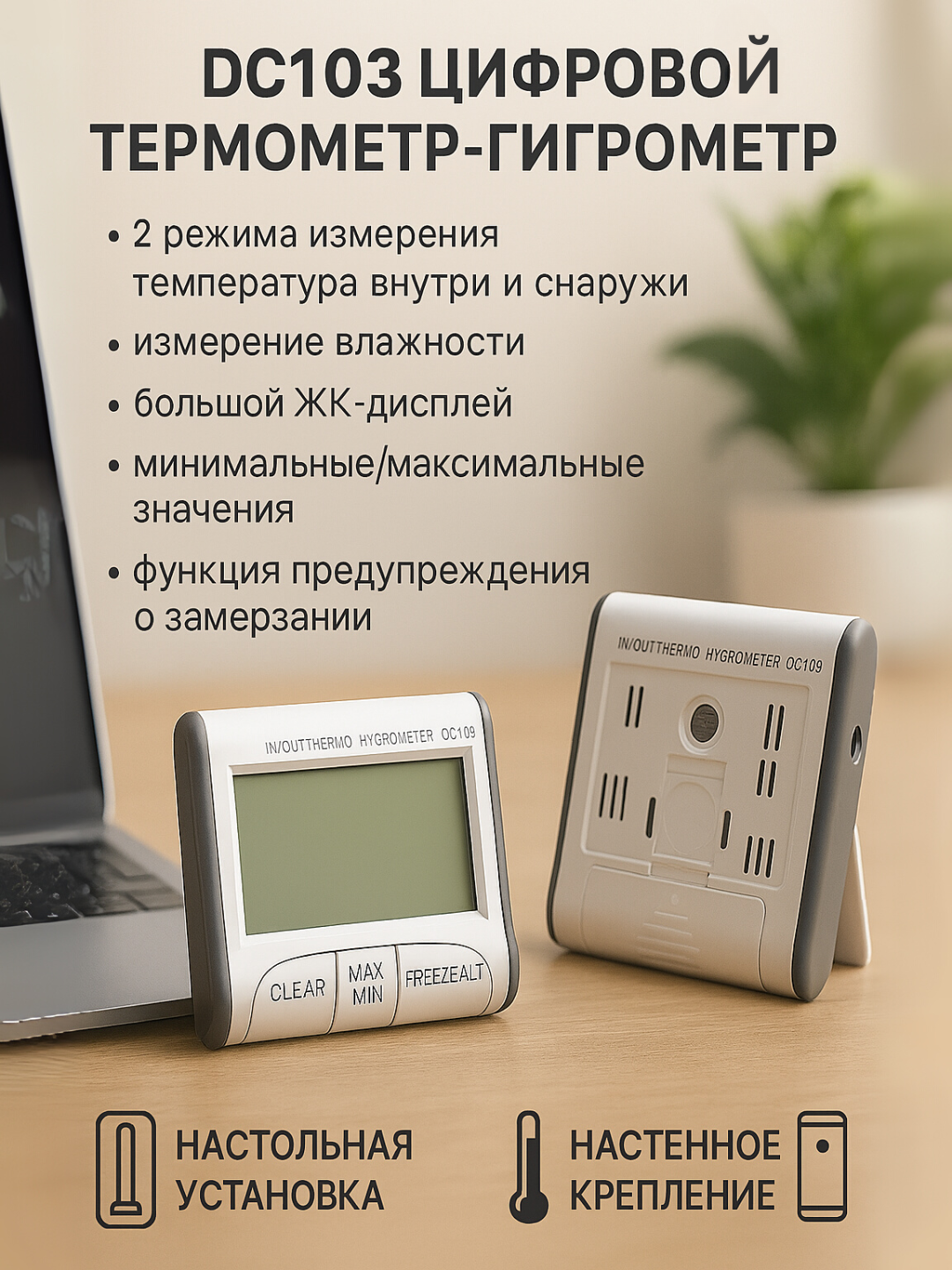 Термометр и Гигрометр – Внутренняя и Наружная Температура + Влажность + Часы