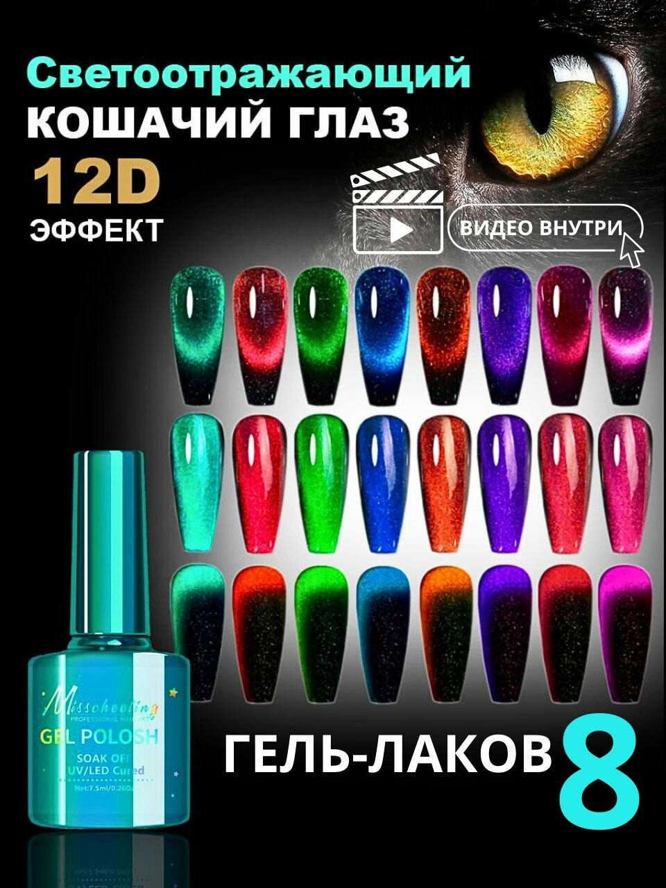 Набор Светоотражающий гель лак для ногтей Кошачий глаз 12D