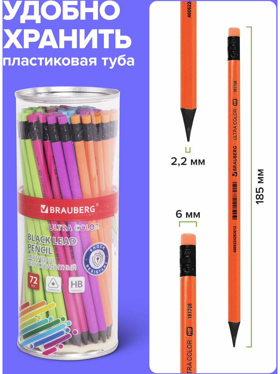 Карандаши простые чернографитные Hb с ластиком, Brauberg Ultra Color, Выгодный Комплект 72 штуки, 880762 — фото 1