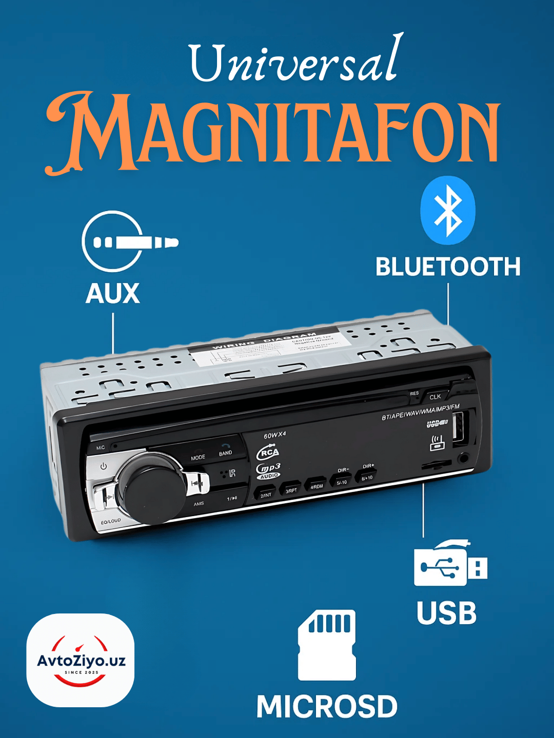 Автомагнитола Pioneer hd, 1DIN, Bluetooth, AUX, 2xUSB, с пультом, многоцветная подсветка