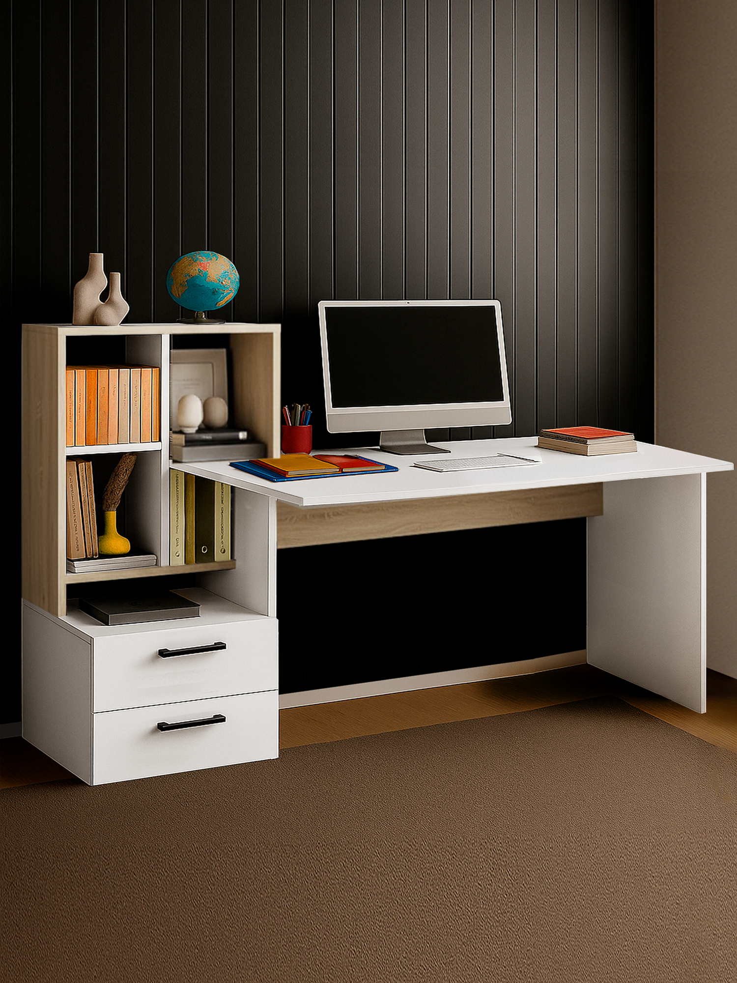 Стол компьютерный, письменный для школьника с ящиками и полками Виво-5, 110x165x60 см, цвет Белый/Дуб сонома