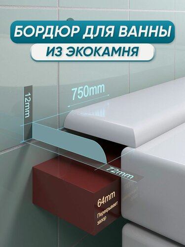 Изображение товара Акриловый бордюр плинтус для ванны BNV ПШ72 универсальный 75 сантиметров, белый цвет, глянцевая поверхность