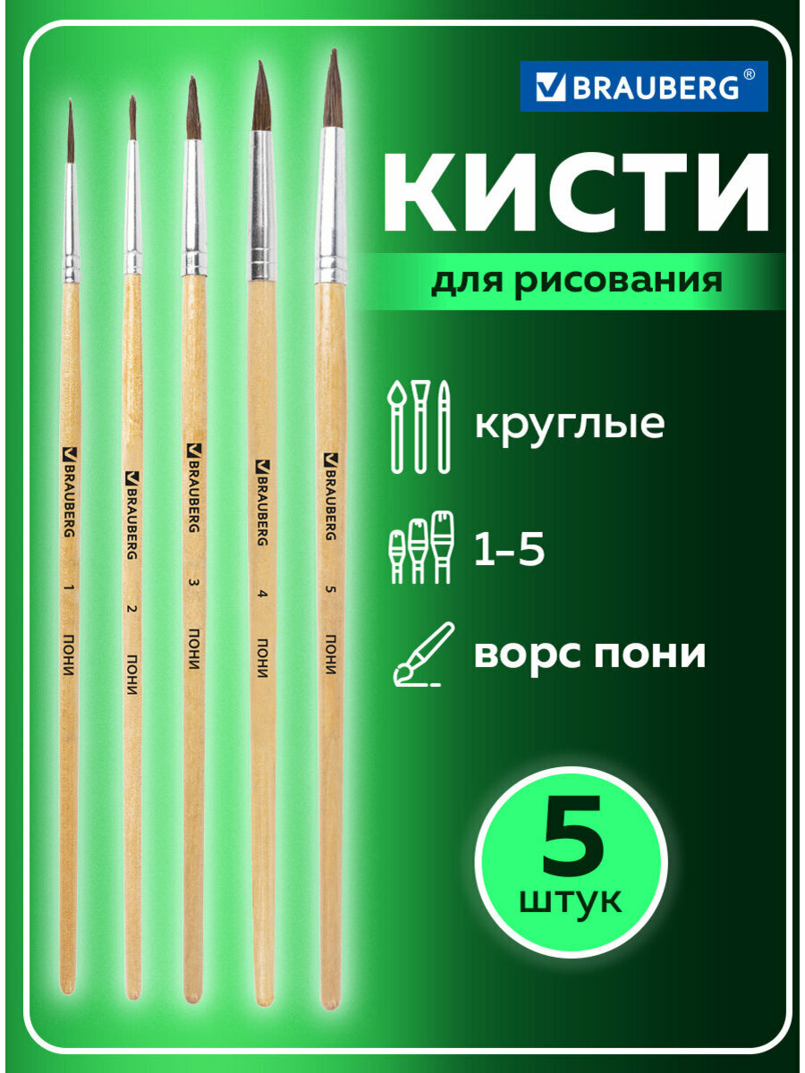 Кисти / кисточки для акварели, гуаши для рисования Brauberg, набор 5 штуки (пони, круглые № 1, 2, 3, 4, 5), 200222
