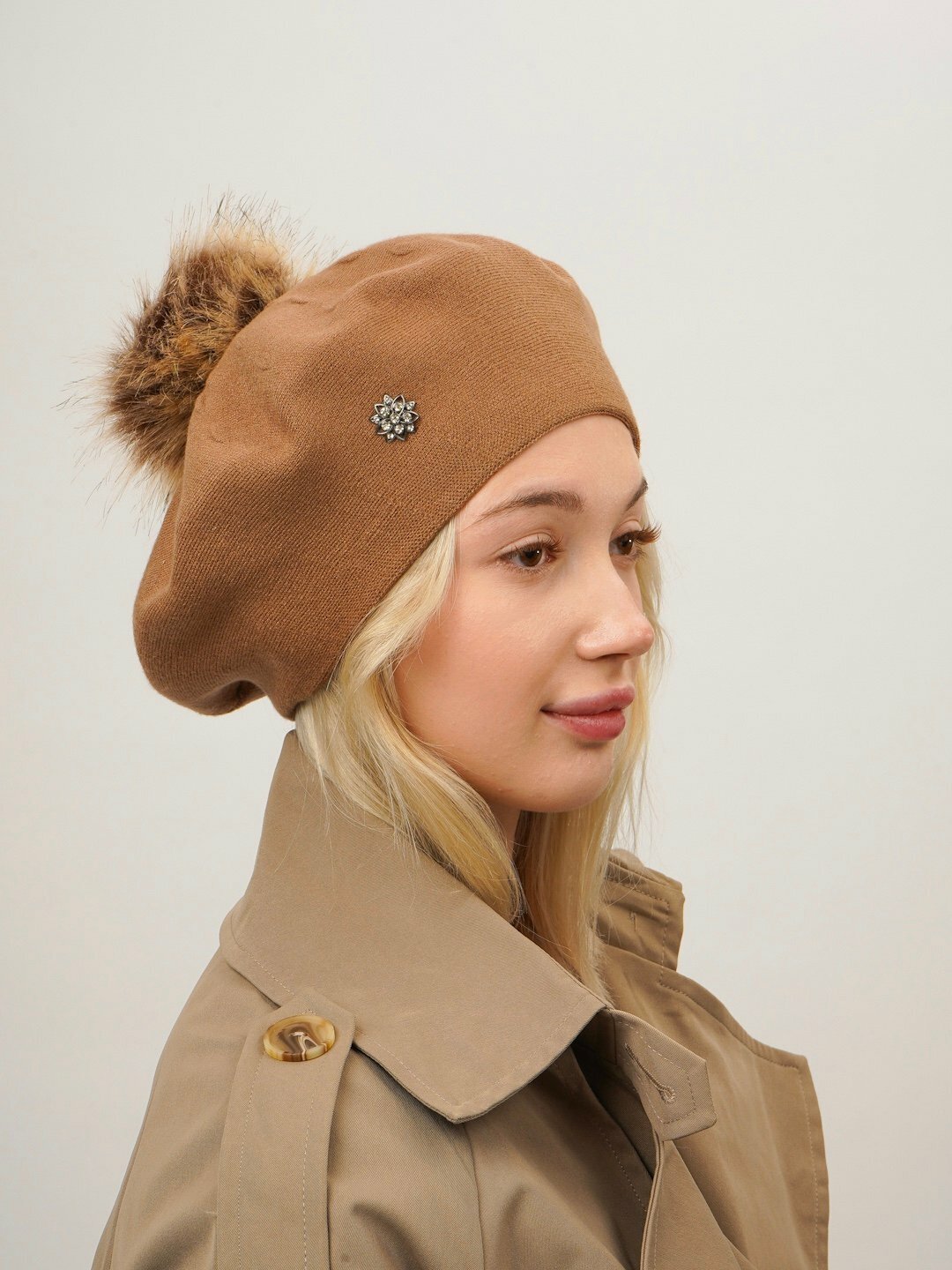 Шапка-бини для взрослых и детей, размер 56, карамельный — фото 1