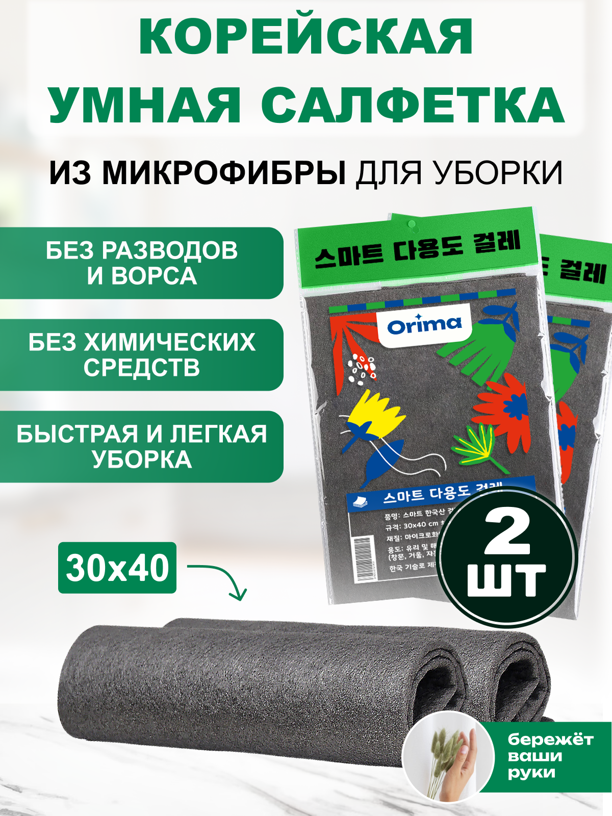 Умные салфетки для уборки без разводов и ворса 30*40 см 2 шт.