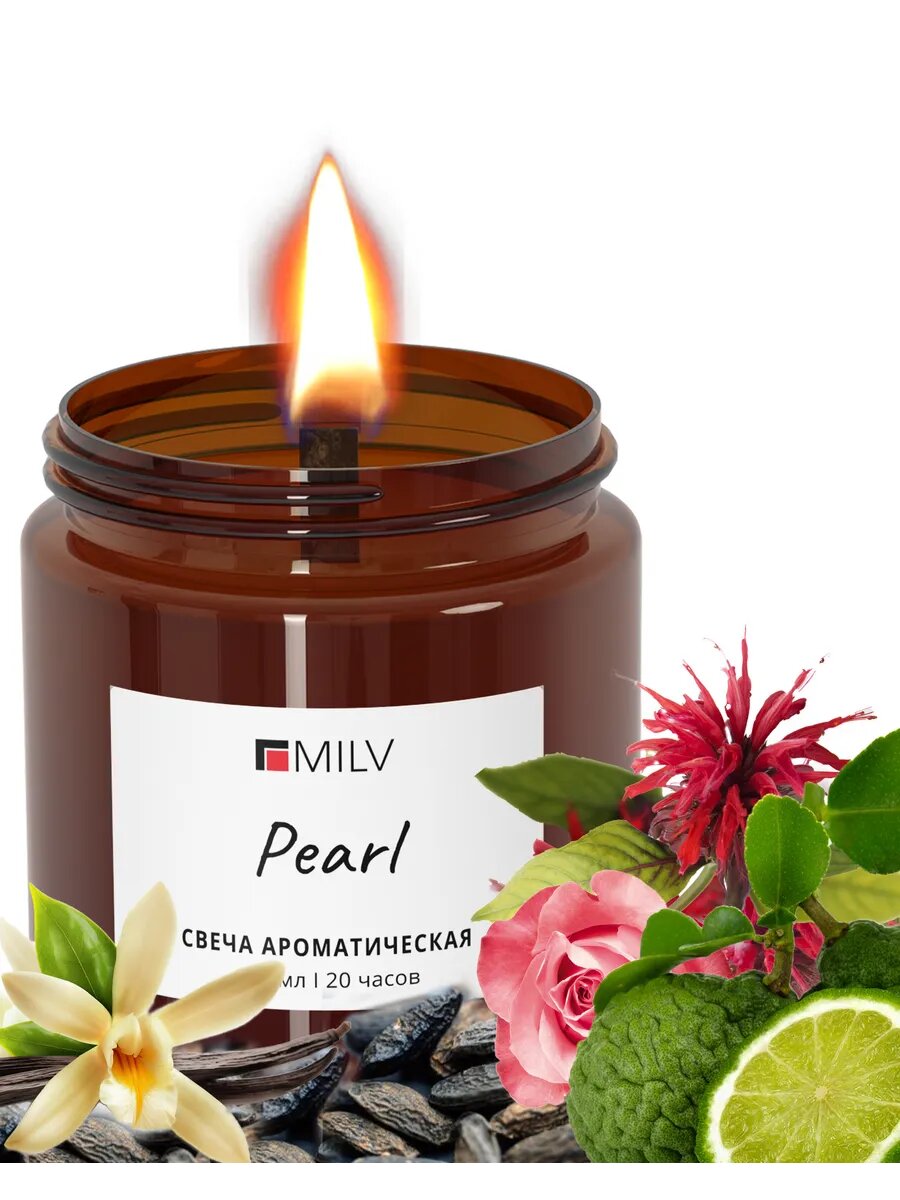 MILV Свеча ароматическая с деревянным фитилём "PEARL" 100 мл, до 20 часов