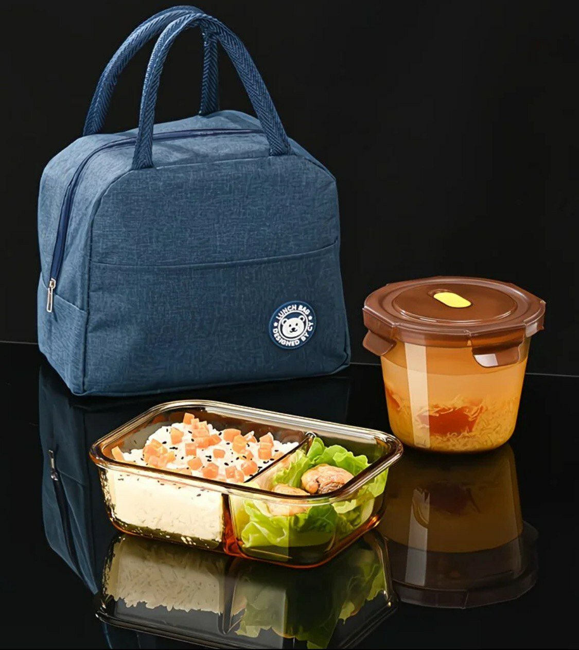 Набор стеклянных контейнеров для хранения и подогрева еды с термосумкой, 2 шт | Жаропрочные, герметичные, универсальные