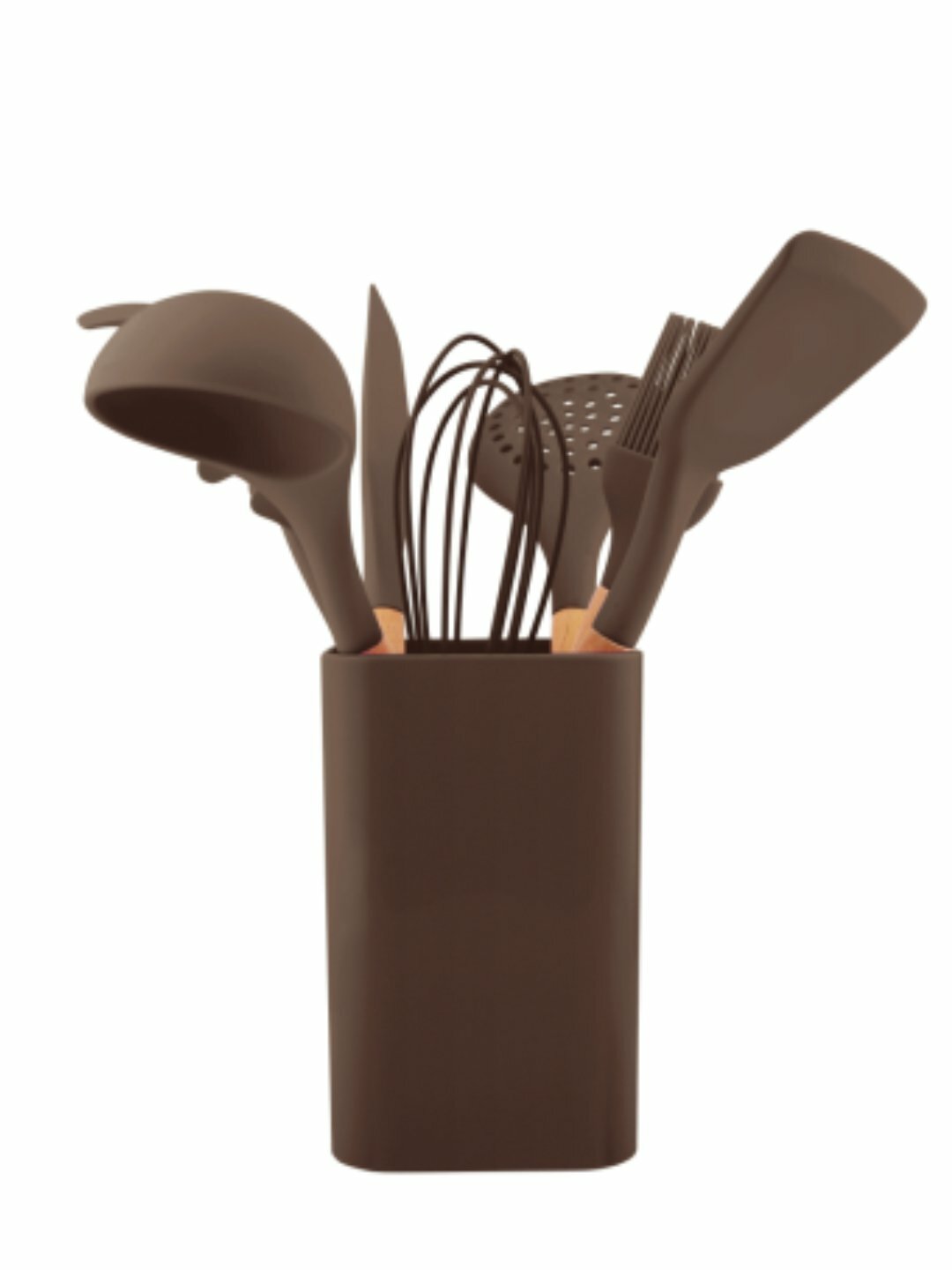 Набор кухонных принадлежностей силиконовый, 8 предметов, с деревянными ручками, 6 цветов - Коричневый