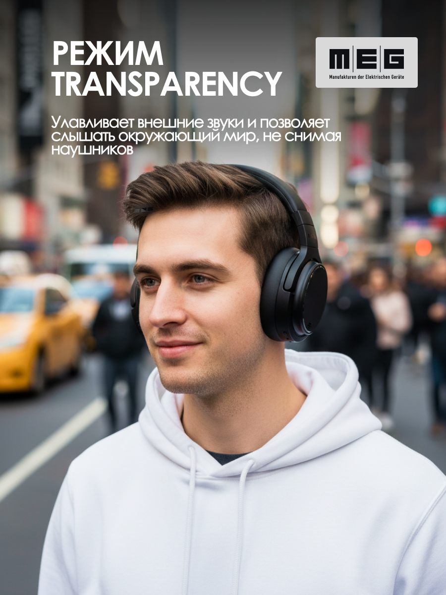 Беспроводные наушники MEG HEA500BL, Bluetooth 6.0, до 90 ч, ANC Hybryd, Multipoint, черный — фото 1