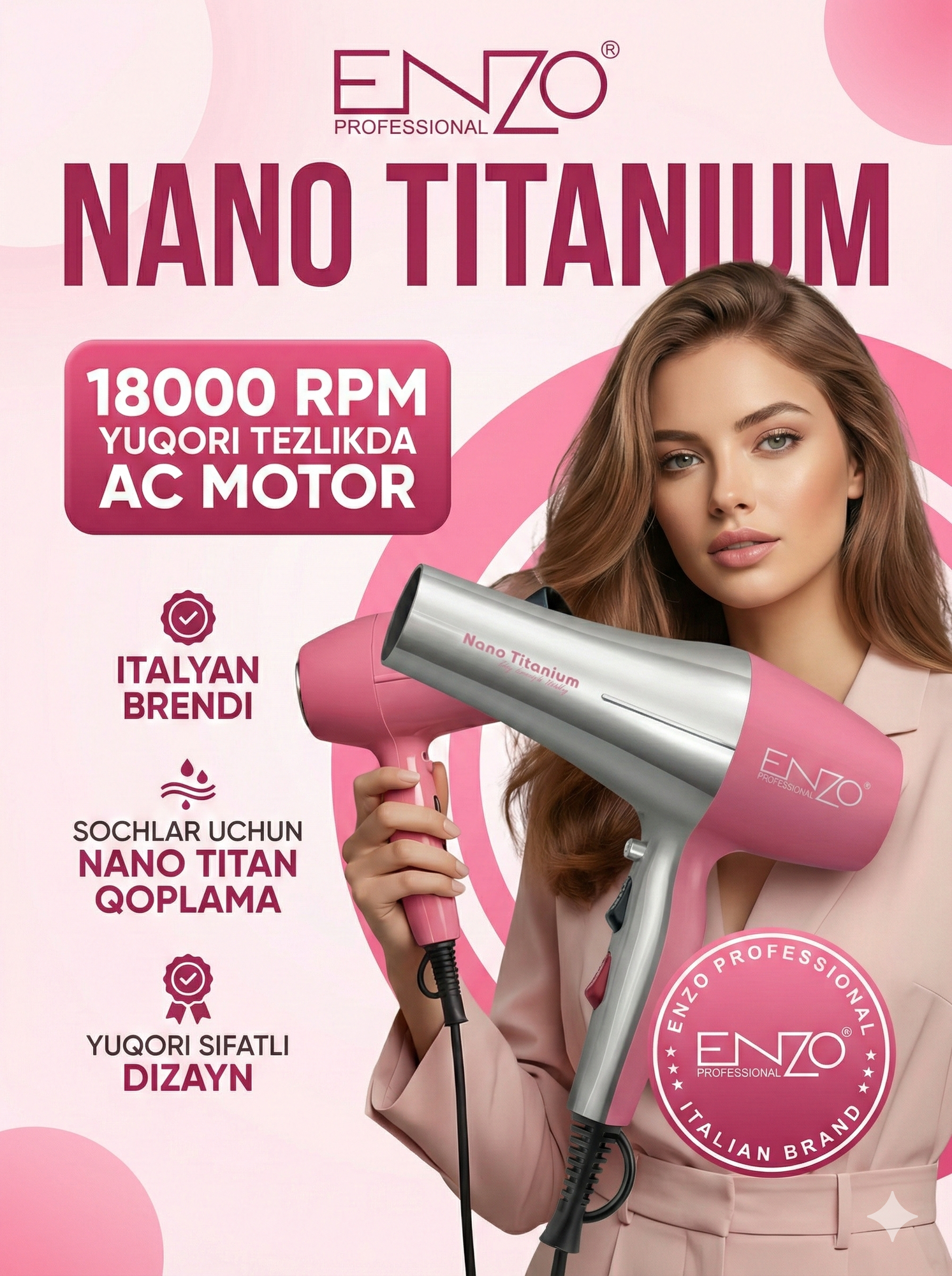 Профессиональный фен для волос ENZO PROFESSIONAL, для сушки и укладки с ионизацией