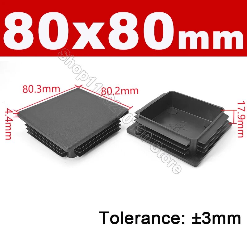 Черные квадратные пластиковые заглушки для труб 10-200 мм 4Pcs, 80x80mm