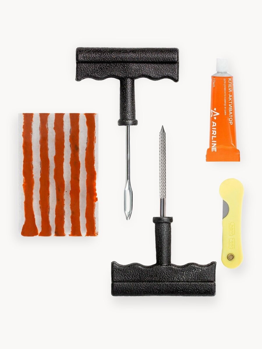 AIRLINE Ремкомплект для ремонта бескамерных шин (клей, шило для жгута, шило-напильник, жгуты 5 шт) / набор для