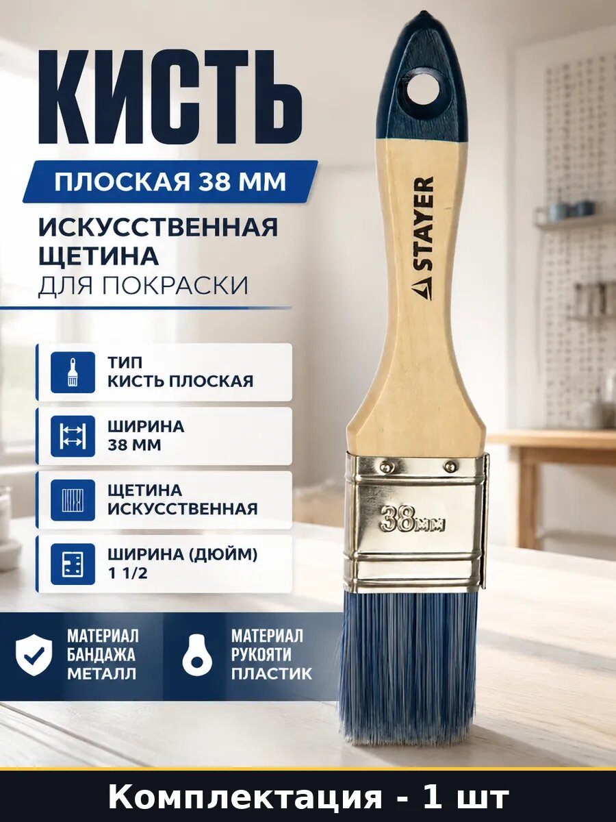 Кисть плоская 38 мм искусственная щетина для покраски