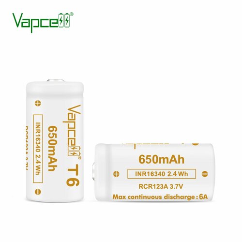 Аккумулятор Vapcell INR16340 T6 650Mah 6A выпуклый плюс, 2 шт.