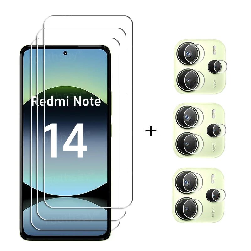 Полное стекло для Xiaomi Redmi Note 14 4G, закаленное стекло Redmi Note 14, защитная пленка для объектива камеры Redmi Note 14, 3 Glass and 3 Lens, For Note 14 5G