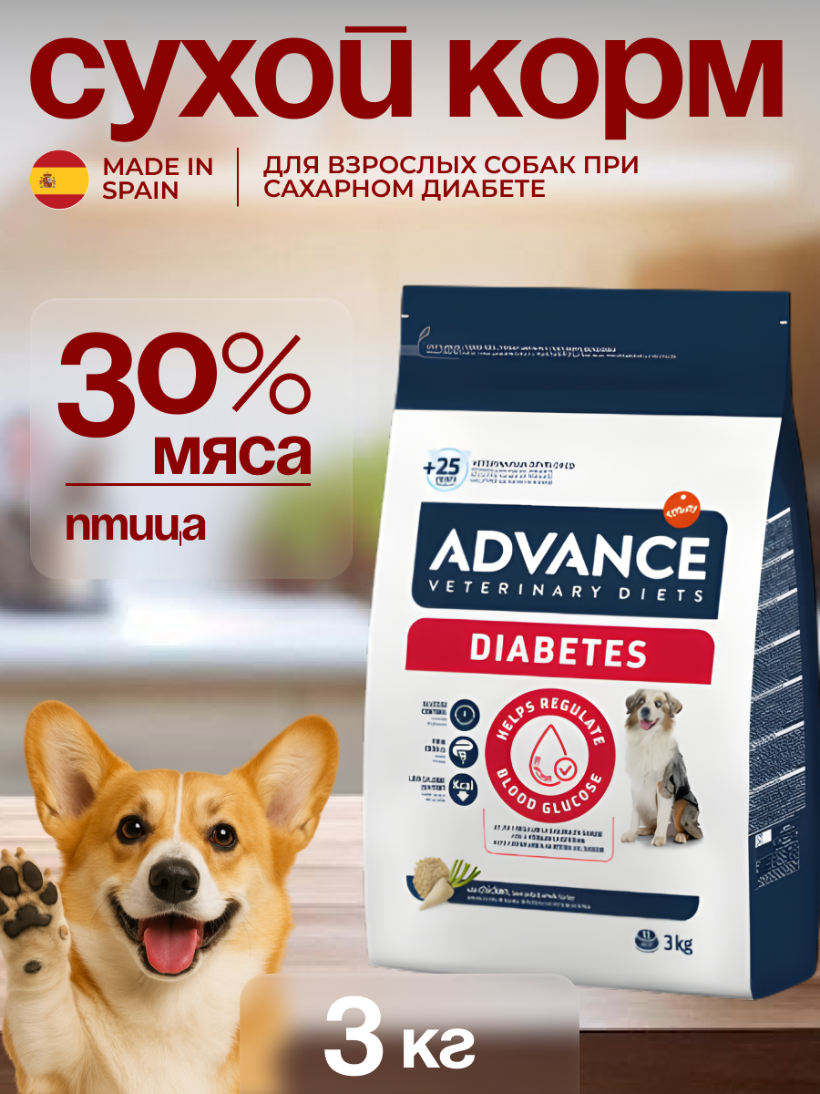 Advance VetDiet DIABETES сухой корм для собак при сахарном диабете и колитах, птица 3кг