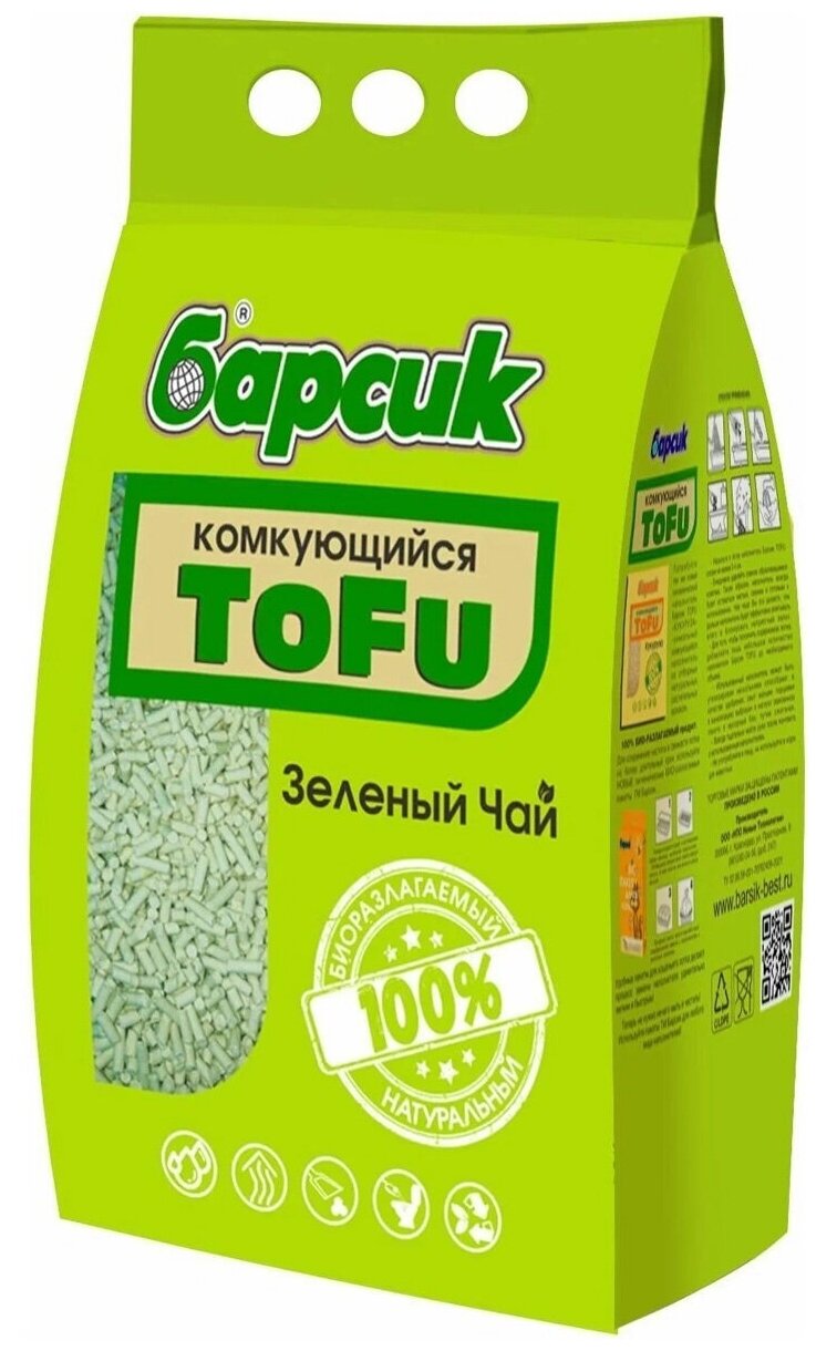 Барсик TOFU зелёный ЧАЙ наполнитель древесный комкующийся для туалета кошек (15 л)