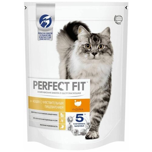 Корм сухой корм для взрослых кошек 650г, с чувствительным пищеварением, индейка, Perfect Fit, 1 шт