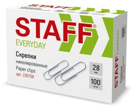 Скрепки STAFF "EVERYDAY", 28 мм, никелированные, 100 шт, в картонной коробке, 226758