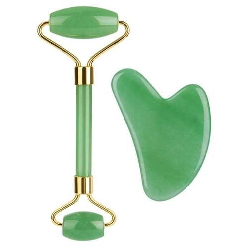 Скребок Гуаша и ролик-массажер из натурального камня (зеленый нефрит) для массажа тела и лица, для упругости кожи