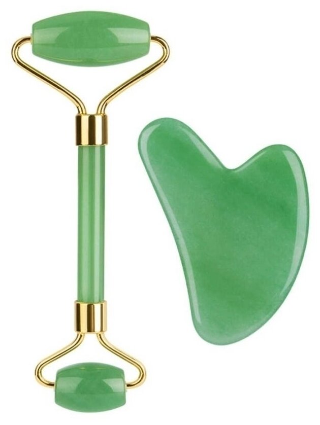Скребок Гуаша и ролик-массажер из натурального камня (зеленый нефрит) для массажа тела и лица, для упругости кожи