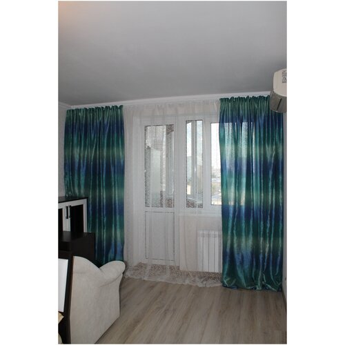 Комплект штор для комнаты Ясмин (зеленый с синим), сжатый портьерный шелк, высота 275 см, по ленте регулируется до 4 м