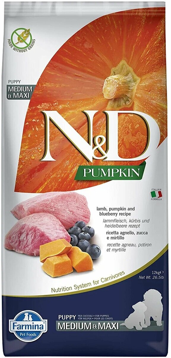 FARMINA DOG N&D GRAIN FREE PUMPKIN PUPPY MEDIUM & MAXI LAMB & BLUEBERRY беззерновой для щенков средних и крупных пород с ягненком, черникой и тыквой (12 кг)