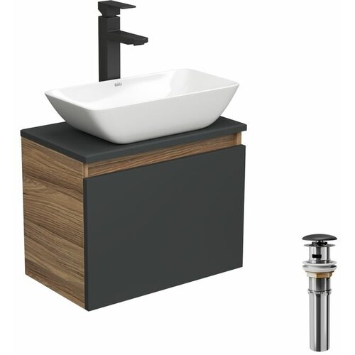 Комплект для ванной, 4 предмета (тумба Bau 50, графит + раковина чаша BAU Spectrum mini 47х24 + смеситель Hotel Black, выпуск клик-клак, черный)