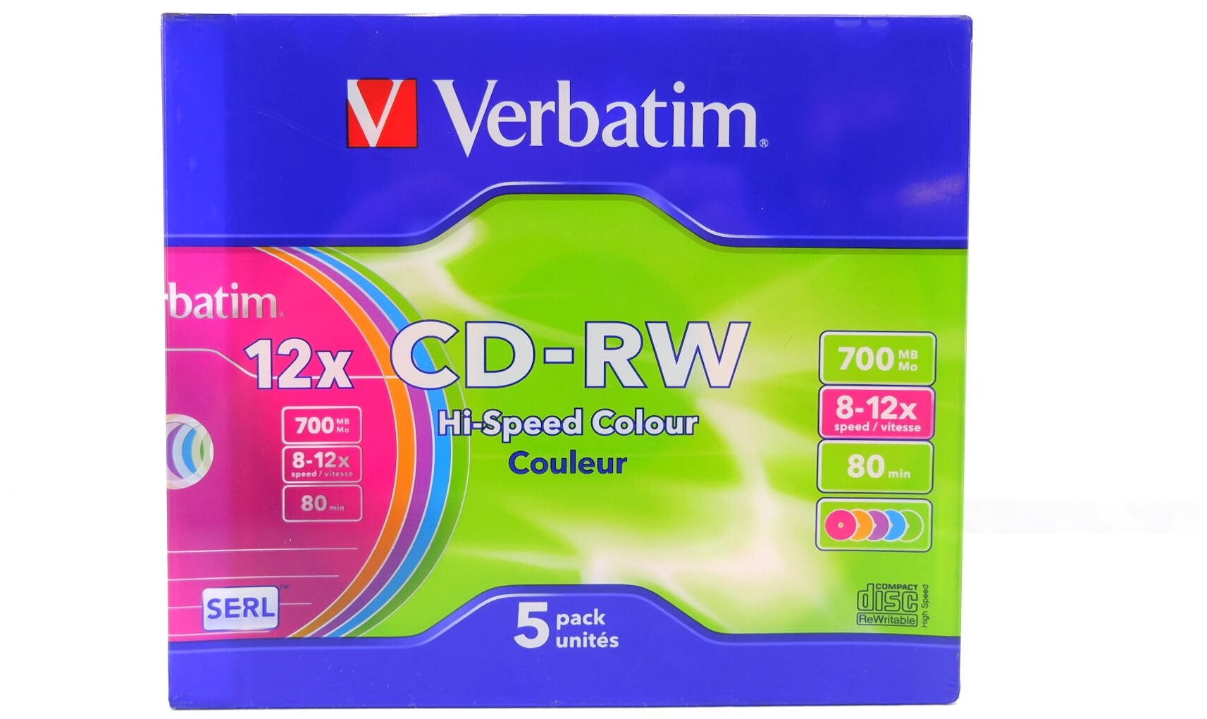 Диск CD-RW Verbatim 700Gb 8-12х Colour 5 шт. slim case