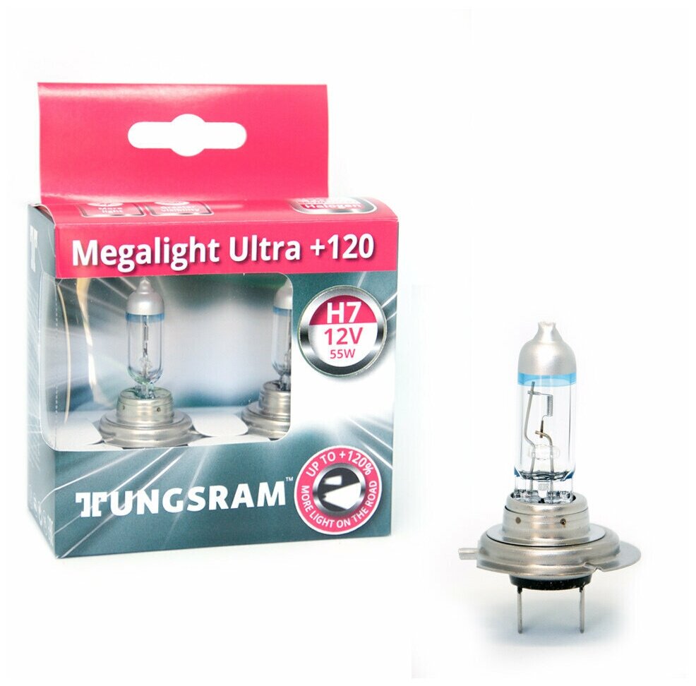 Лампа автомобильная галогеновая H7 Tungsram Megalight Ultra +120 12V 55W PX26d 58520SNU PB2