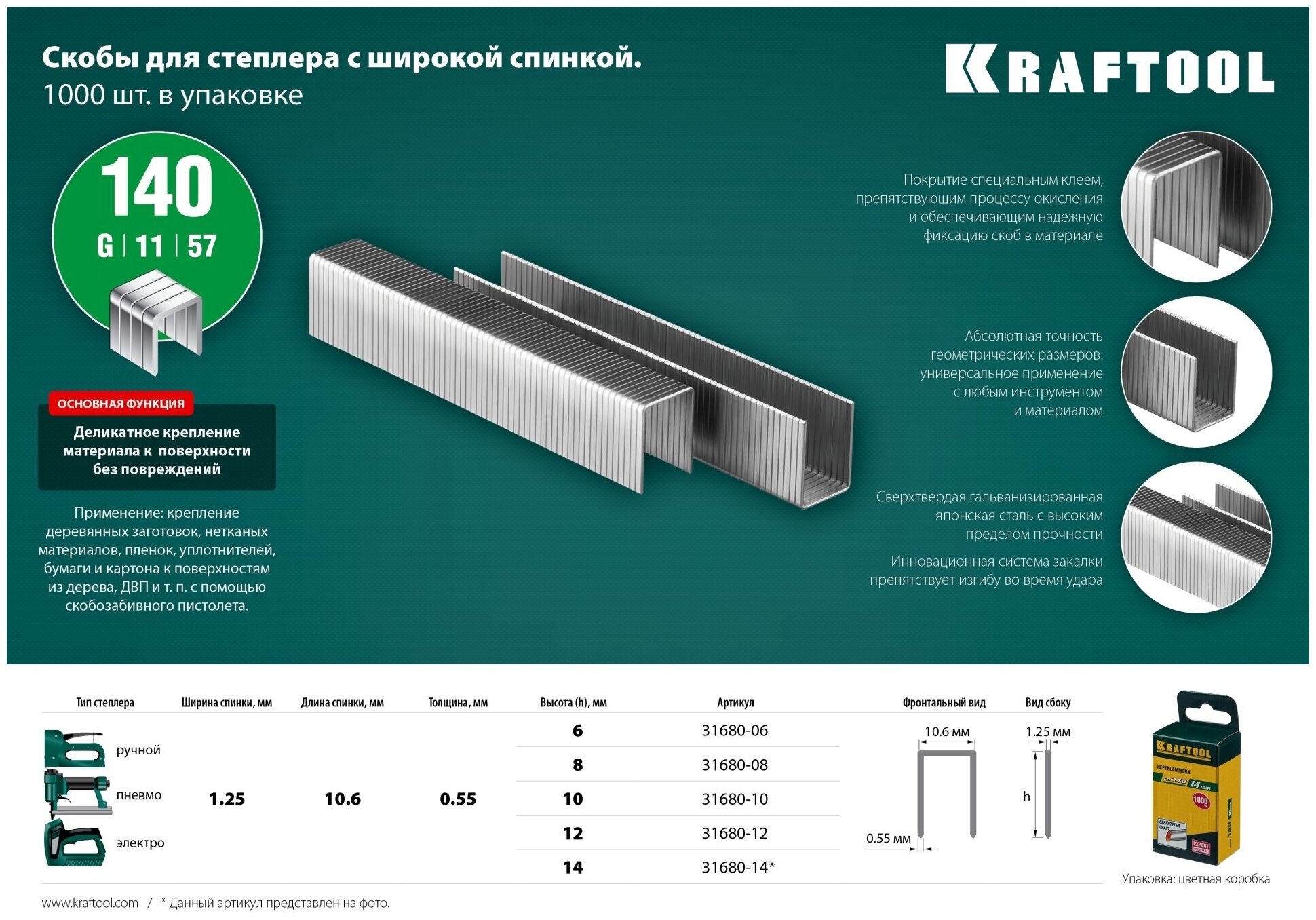 KRAFTOOL тип 140 (G/11/57) 14 мм, 1000 мм, калибр 20GA, скобы для степлера (31680-14)