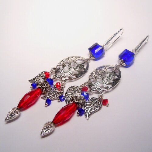 Серьги двусторонние GulNara, хрусталь, красный, синий длинные женские серьги на коннекторах с хрусталем синие