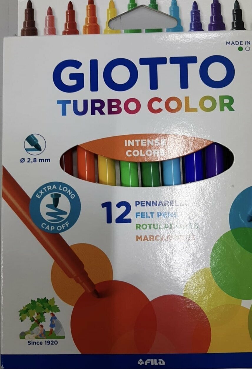 Набор фломастеров цветных Giotto Turbo Color, на водной основе, 2.8 мм, картонная коробка 12 цветов