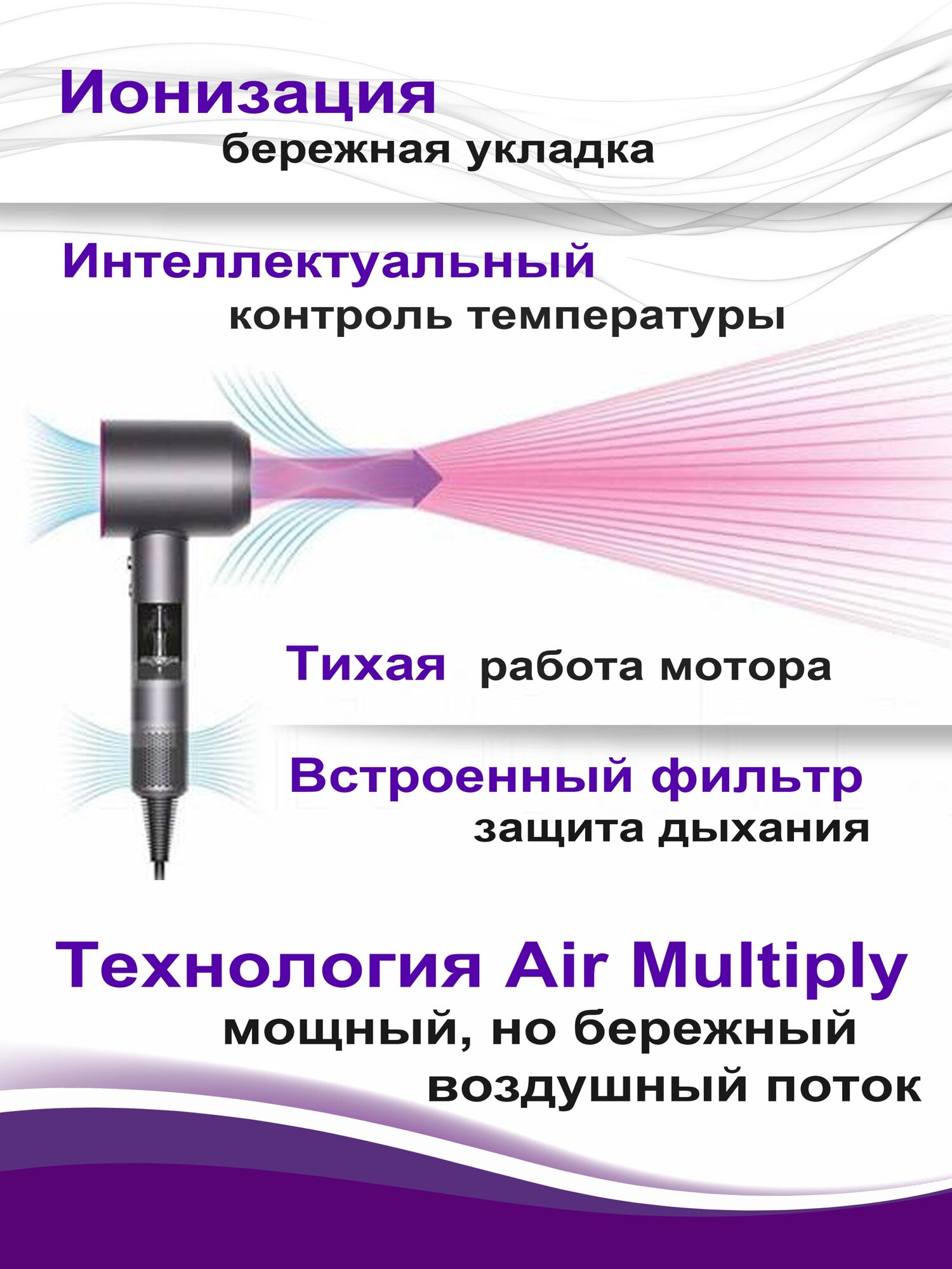 Фен для волос Интеллектуальный с ионизатором профессиональный 5 насадок Super Hair Dryer фиолетовый - фотография № 2