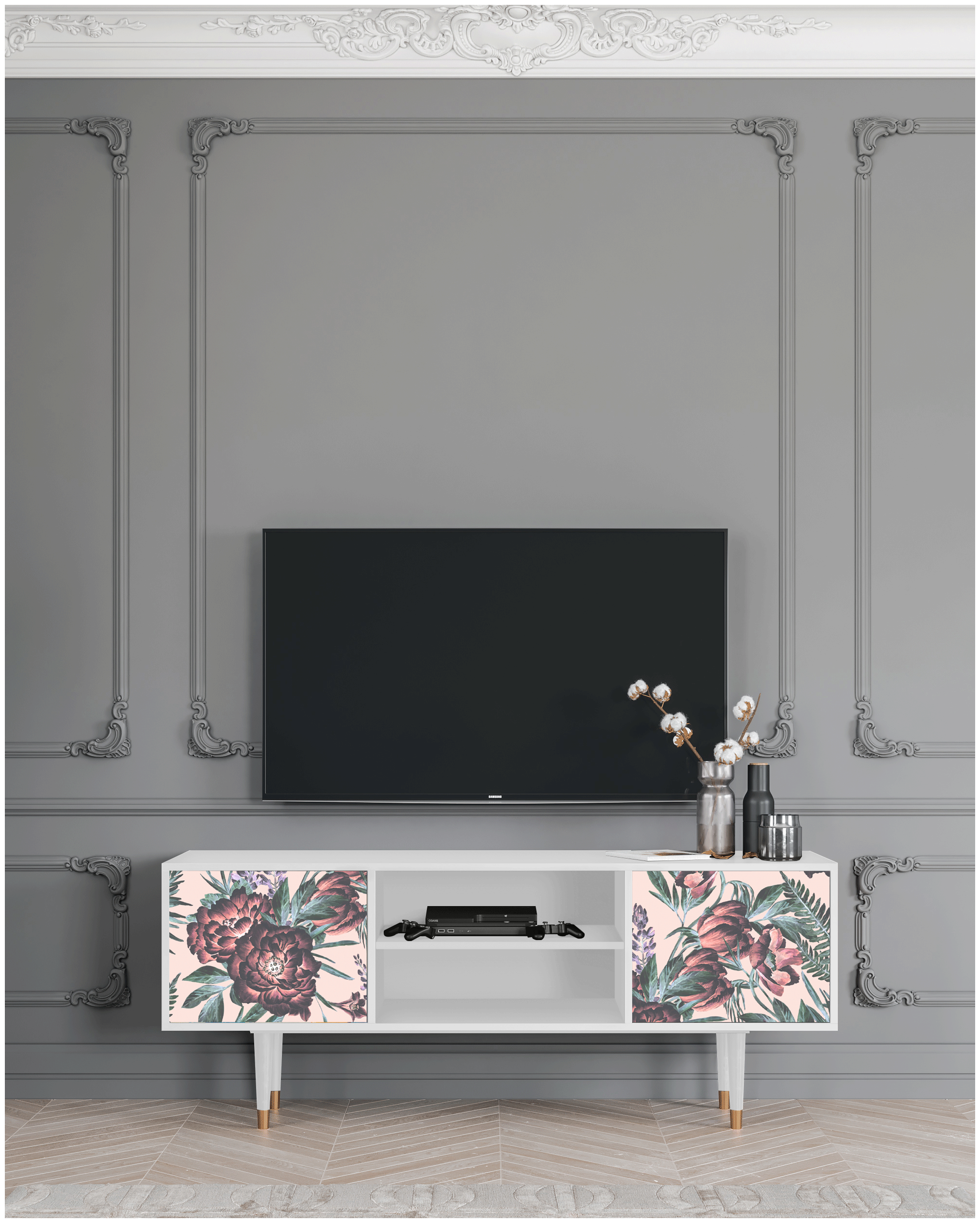 ТВ-Тумба - STORYZ - T2 Peach Peonies, 170 x 69 x 48 см, Белый