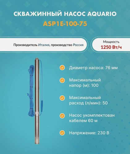 Изображение товара Насос скважинный ASP1E-100-75 (встр. конд, каб.60м) AQUARIO 3200 (Акварио) (H-110 м, Q-50 л/мин)