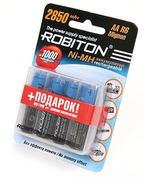 Ni-Mh аккумуляторы ROBITON 2850MHAA-4/box BL-4 9788, 1.2В, 2850мАч, размер АА (HR6), металлогидридные, 4шт в пластиковом кейсе