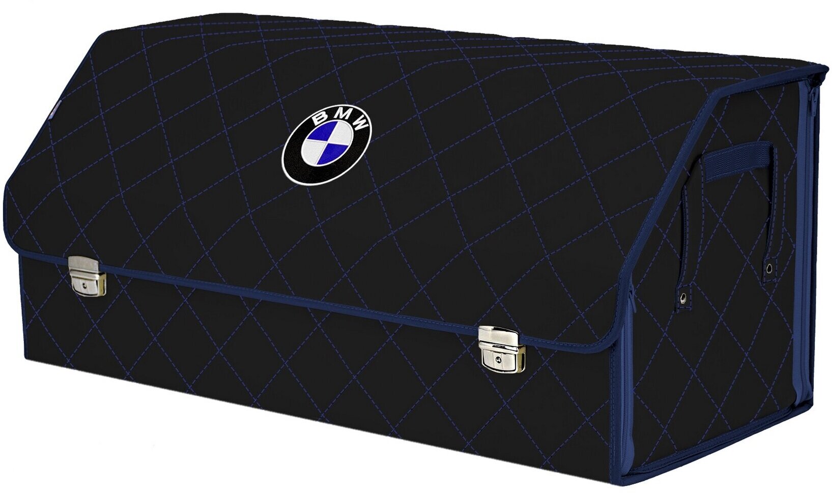 Органайзер-саквояж в багажник "Союз Премиум" (размер XXL). Цвет: черный с синей прострочкой Ромб и вышивкой BMW (БМВ).